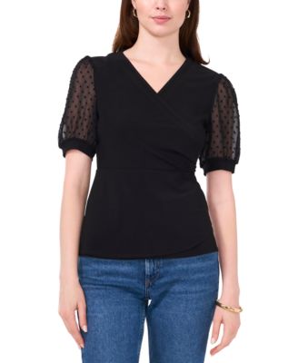 Sam & Jess - Women's Wrap-Front Sheer Puff-Sleeve Top