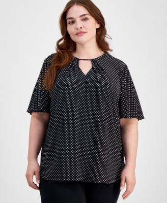 Anne Klein - Plus Size Dot-Print Cut-Out Pleated-Neck Top, Created for Macy's