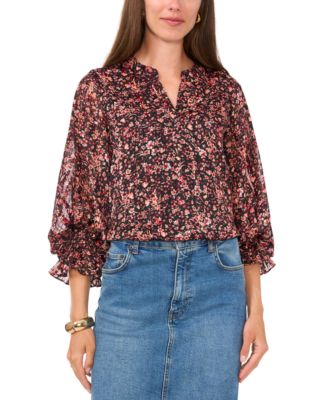Vince Camuto - Women's Printed Split-Neck Smocked-Cuff Blouse