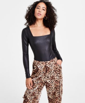 Bar III - Women's Coated Square-Neck Long-Sleeve Bodysuit