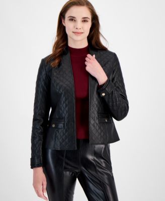 T Tahari - Women's Quilted Faux-Leather Long-Sleeve Jacket
