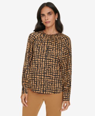 Calvin Klein - Women's Printed Long-Sleeve Keyhole Blouse