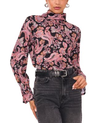 1.STATE - Women's Printed Long-Sleeve Open-Back Blouse