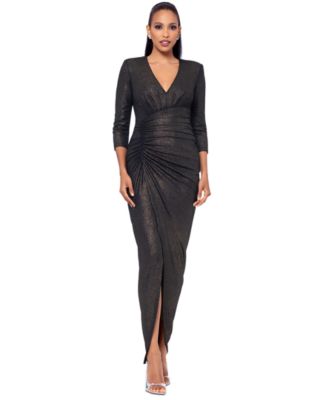 XSCAPE - Petite Ruched Foil-Knit Long-Sleeve Gown
