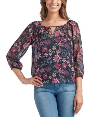BCX - Juniors' Printed Round-Neck 3/4-Sleeve Blouse