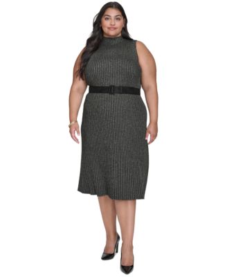 DKNY - Plus Size Ribbed Mock Neck Belted Midi Dress