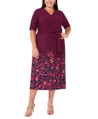 MSK - Plus Size Printed V-Neck Tie-Waist Short-Sleeve Dress