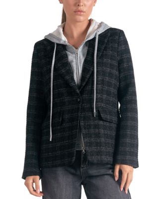Elan - Women's Plaid Long-Sleeve Layered Blazer Hoodie