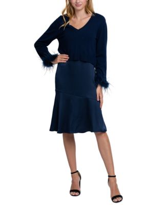 Sam Edelman - Women's Layered-Look Mixed-Media Feather-Trim Dress