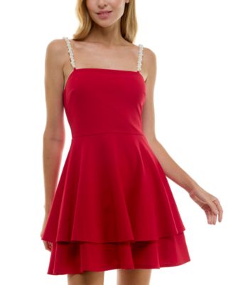 City Studios - Juniors' Pearl-Strap Sleeveless Tiered Fit & Flare Dress