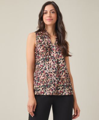 Kasper - Women's Printed Tie-Collar Sleeveless Blouse