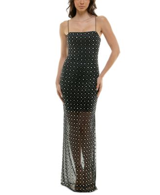 B Darlin - Juniors' Rhinestone-Embellished Mesh Evening Gown
