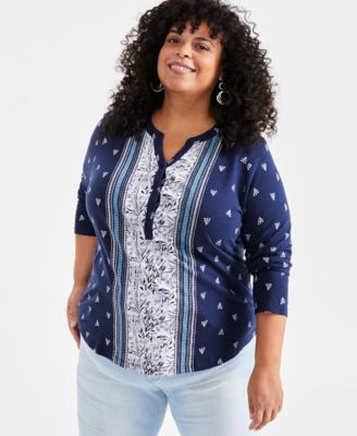 Style & Co - Plus Size Cotton Split-Neck Mixed-Print Top