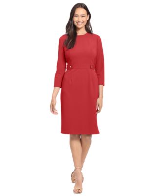 London Times - Petite 3/4-Sleeve Tab-Waist Sheath Dress