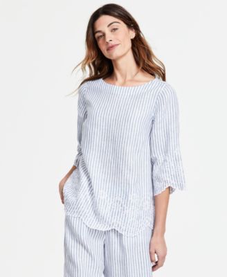 Charter Club - Petite Striped Embroidered 3/4-Sleeve Linen Top, Created for Macy's