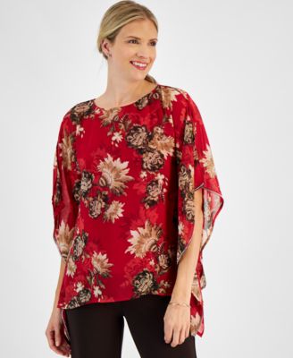 JM Collection - Women's Vintage Printed-Chiffon Poncho Top