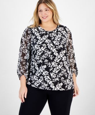 Kasper - Plus Size Leaf-Print Shirred-Neck Blouse