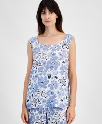 Charter Club - Women's Printed Scoop-Neck Linen Sleeveless Top