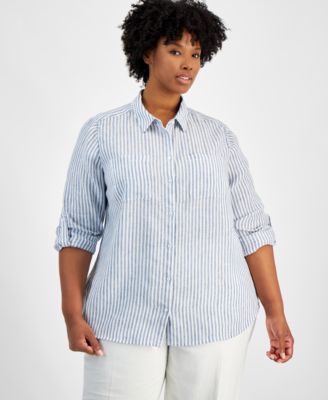 Charter Club - Plus Size Linen Striped Button-Up Shirt