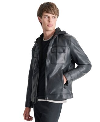 DKNY - Men's Faux-Leather Removable Hood Moto Jacket