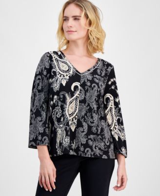 JM Collection - Petite Printed Bracelet-Sleeve V-Neck Top
