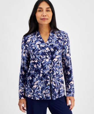 AK Anne Klein - Petite Printed V-Neck Long-Sleeve Top