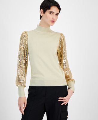 T Tahari - Women's Mock-Neck Sheer Sequined-Sleeve Top