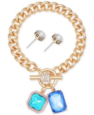 GUESS - Gold-Tone Framed Crystal Charm Bracelet & Logo Stud Earrings Set