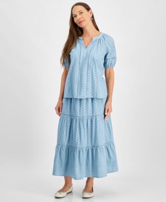Style & Co - Petite Cotton Split-Neck Short-Sleeve Eyelet Top,