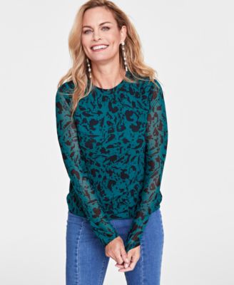 I.N.C. International Concepts - Women's Printed Mesh Crewneck Top, Created for Macy's