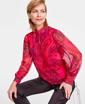 I.N.C. International Concepts - Women's Printed Long-Sleeve Mock-Neck Blouse