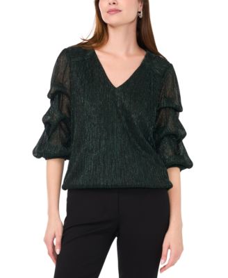 MSK - Women's Metallic Mesh Lantern-Sleeve V-Neck Top