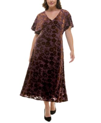 Taylor - Plus Size Velvet-Burnout Flutter-Sleeve Dress