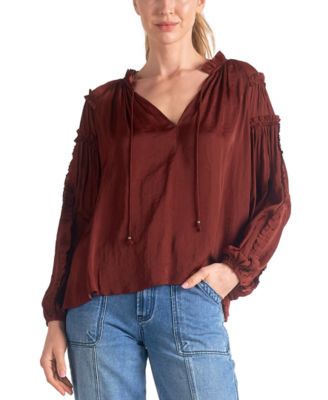Elan - Women's Tie-Neck Ruffled-Trim Long-Sleeve Top