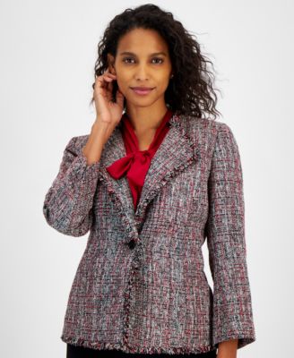 Kasper - Women's One-Button Fringe Tweed Blazer