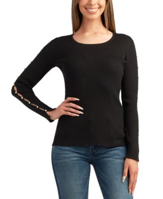 BCX - Juniors' Embellished-Sleeve Ribbed Crewneck Sweater