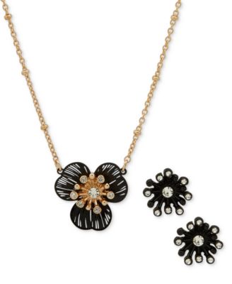 lonna & lilly - Gold-Tone Crystal Openwork Jet Flower Pendant Necklace & Stud Earrings Set
