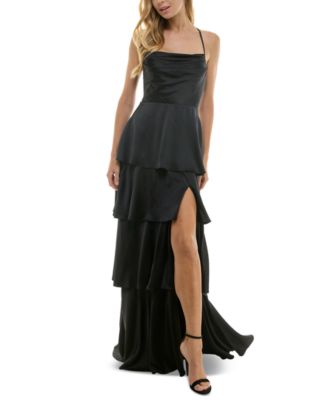 City Studios - Juniors' Cowlneck Tiered Slit-Front Gown