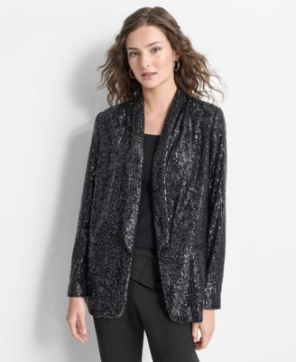 DKNY - Petite Sequined Shawl-Collar Long-Sleeve Jacket