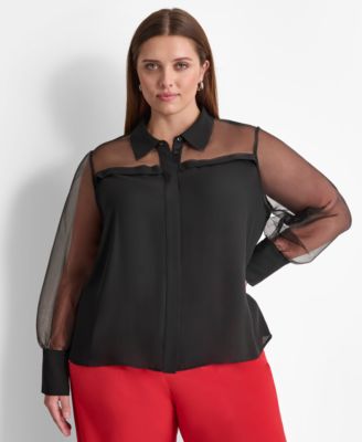 DKNY - Plus Size Collared Mixed-Media Illusion Blouse