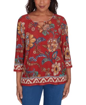 Alfred Dunner - Petite Harvest Moon Floral-Border Mesh Split-Neck Top