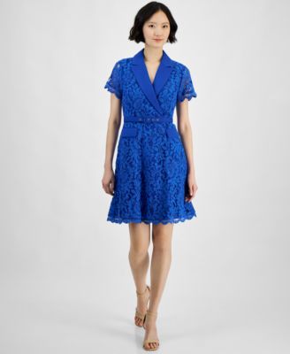 Tahari - Petite Notch-Lapel Belted A-Line Lace Dress