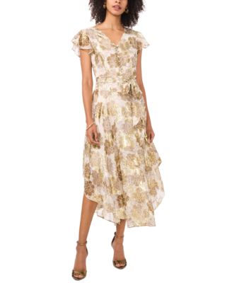 Vince Camuto - Women's Metallic Print V-Neck Flutter-Sleeve Maxi Dress