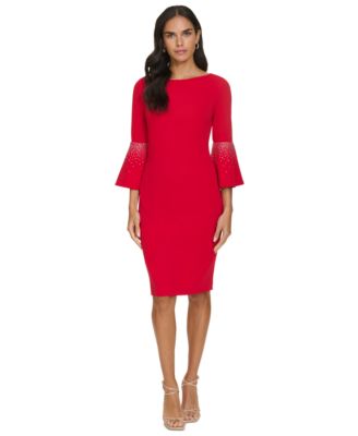 Calvin Klein - Women's Embellished Bell-Sleeve Sheath Dress