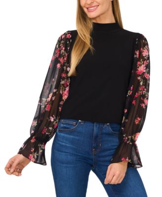 CeCe - Women's Mock Neck Mixed-Media Floral Long-Sleeve Top