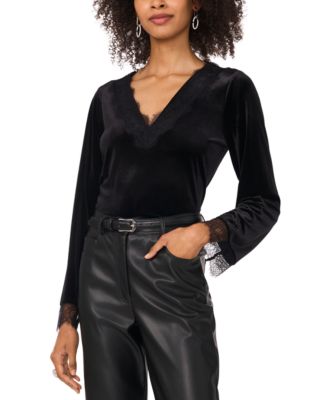 Vince Camuto - Women's Velvet Lace-Trim Long-Sleeve Top