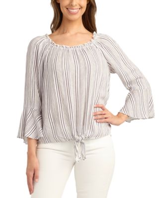 BCX - Juniors' Tie-Hem Scoop-Neck Striped Bell-Sleeve Top