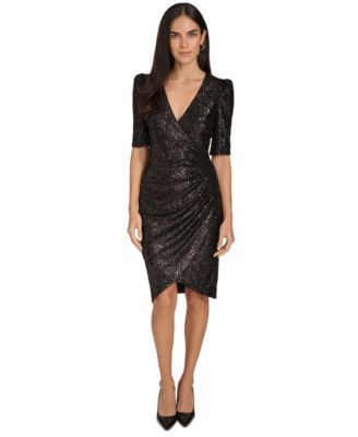 Calvin Klein - Women's Sequined Ruched Puff-Shoulder V-Neck Dress