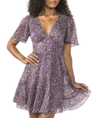 B Darlin - Juniors' Printed Flutter-Sleeve Tiered Dress