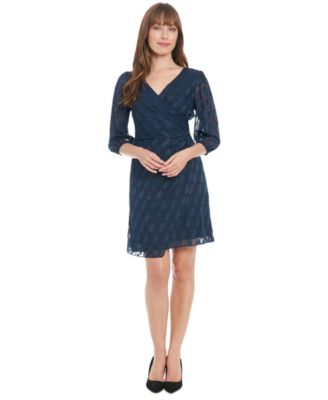 London Times - Petite V-Neck 3/4-Sleeve Burnout Sheath Dress